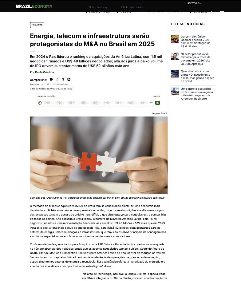 Energia, telecom e infraestrutura ser�o protagonistas do M&A no Brasil em 2025